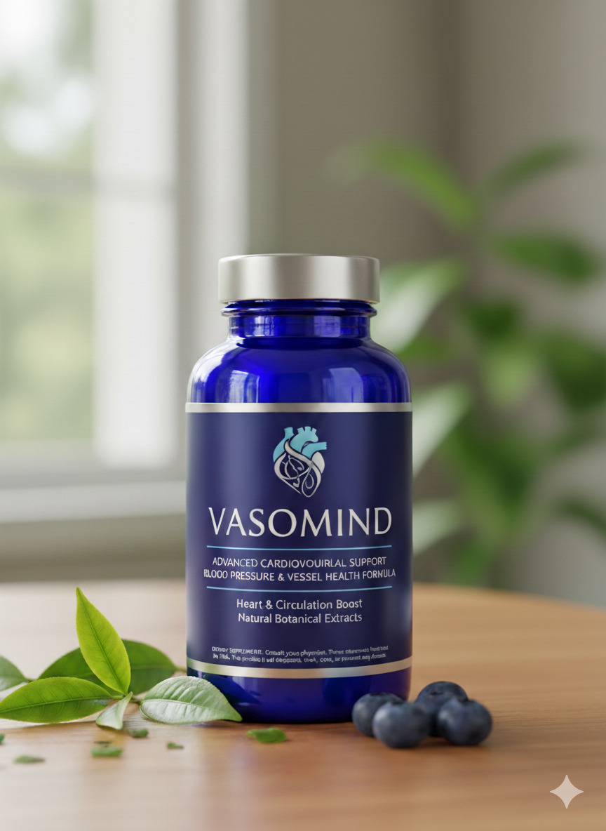 Vasomind dietary supplement bottle standing beside its labeled carton on a neutral surface